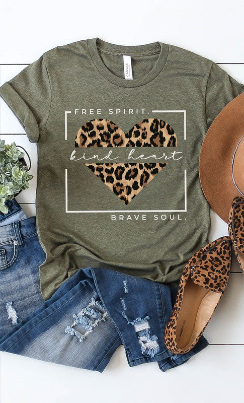 Free Spirit Leopard Heart Graphic Tee PLUS  Heather Olive XXL 