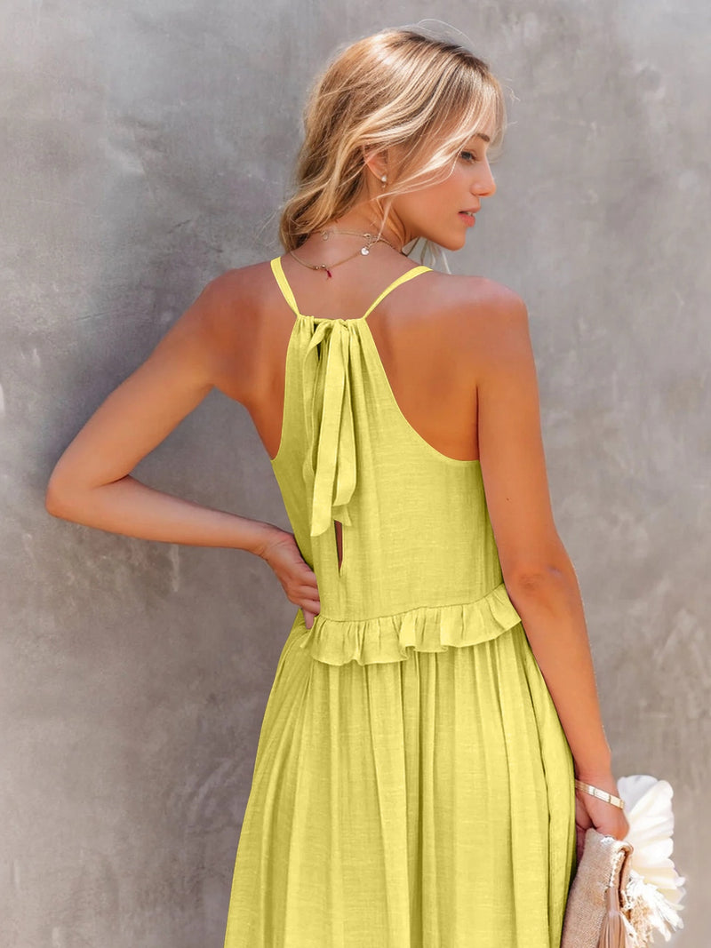 Ruffled Sleeveless Tiered Maxi Dress with Pockets    