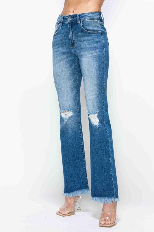Bytos Raw Hem Distressed High Rise Bootcut Jeans - Three Mad Hatters Mercantile 