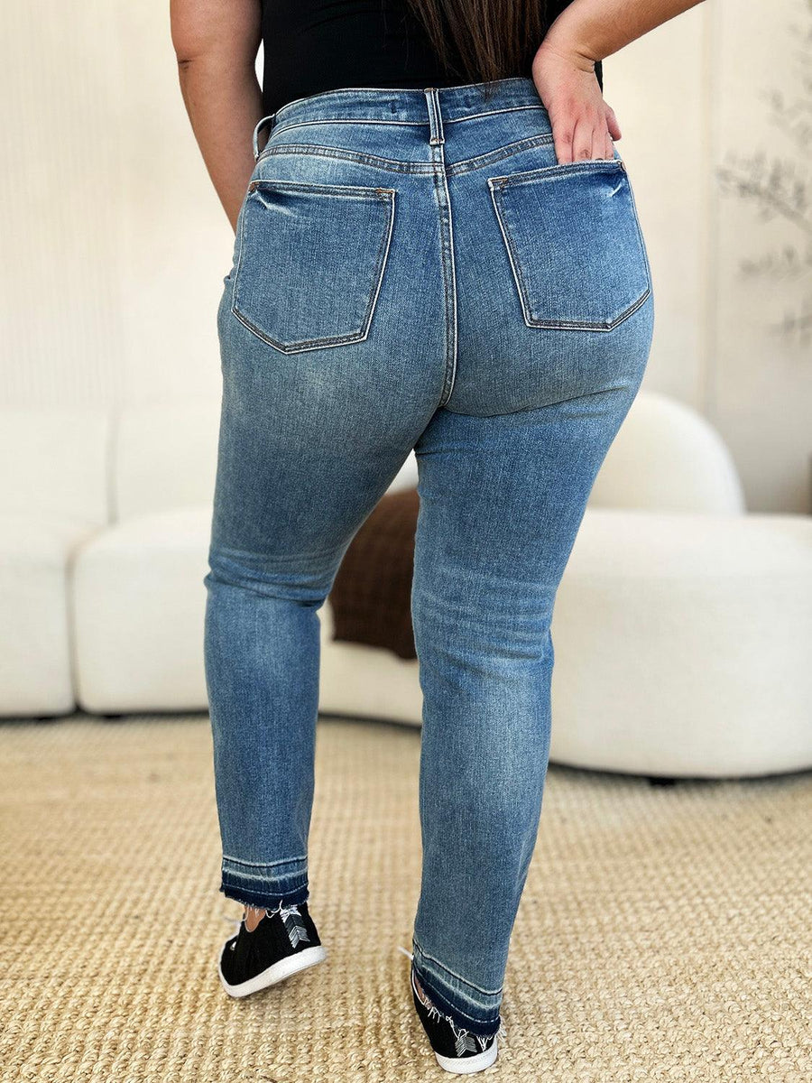Judy Blue Mid Rise Rigid Magic Release Hem Jeans - Three Mad Hatters Mercantile 