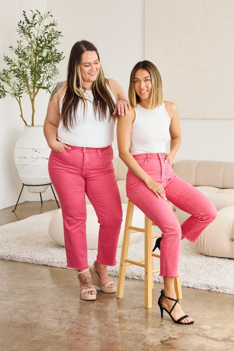 RFM Crop Dylan Tummy Control High Waist Raw Hem Jeans - Three Mad Hatters Mercantile 