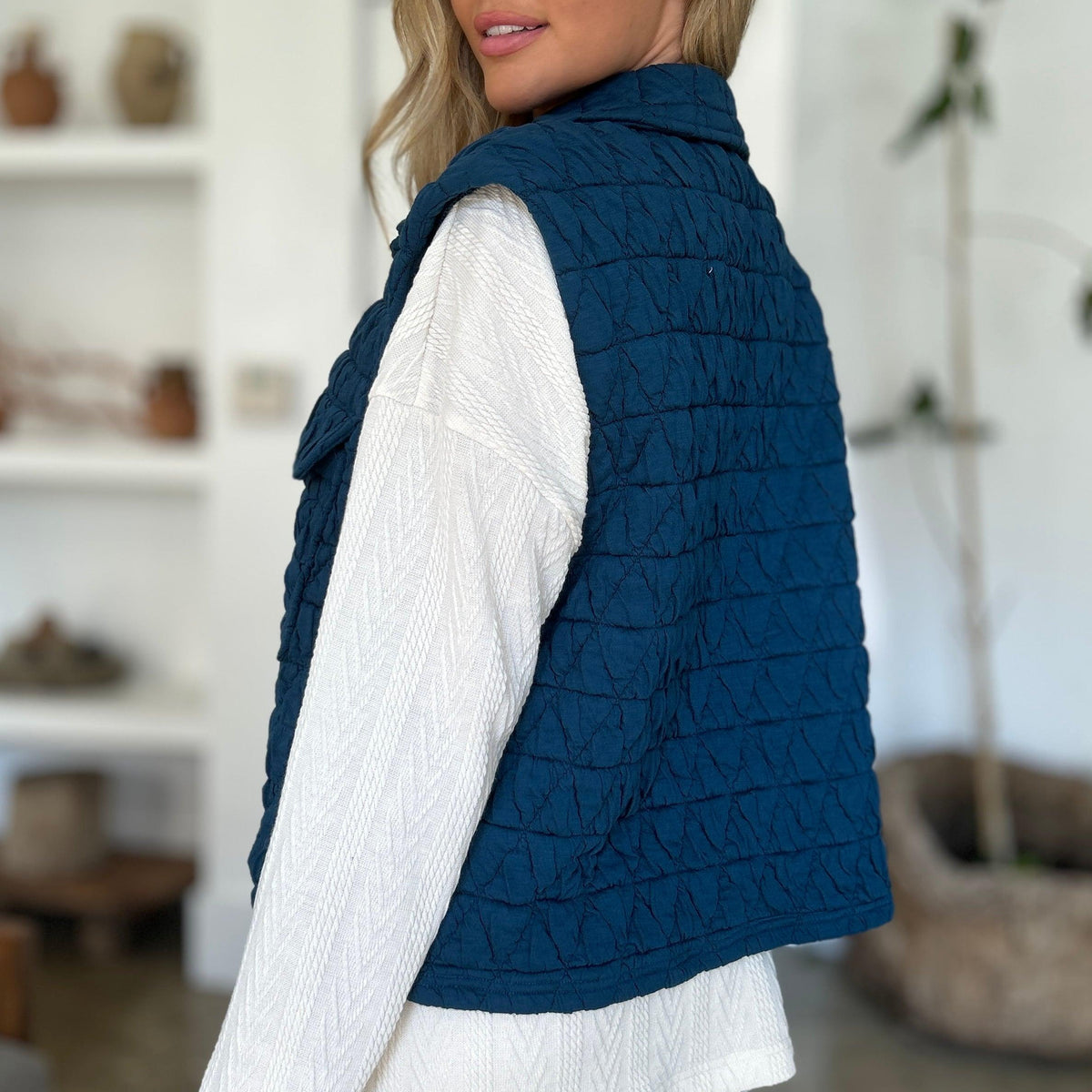 Double Take Pocketed Texture Snap Down Vest - Three Mad Hatters Mercantile 