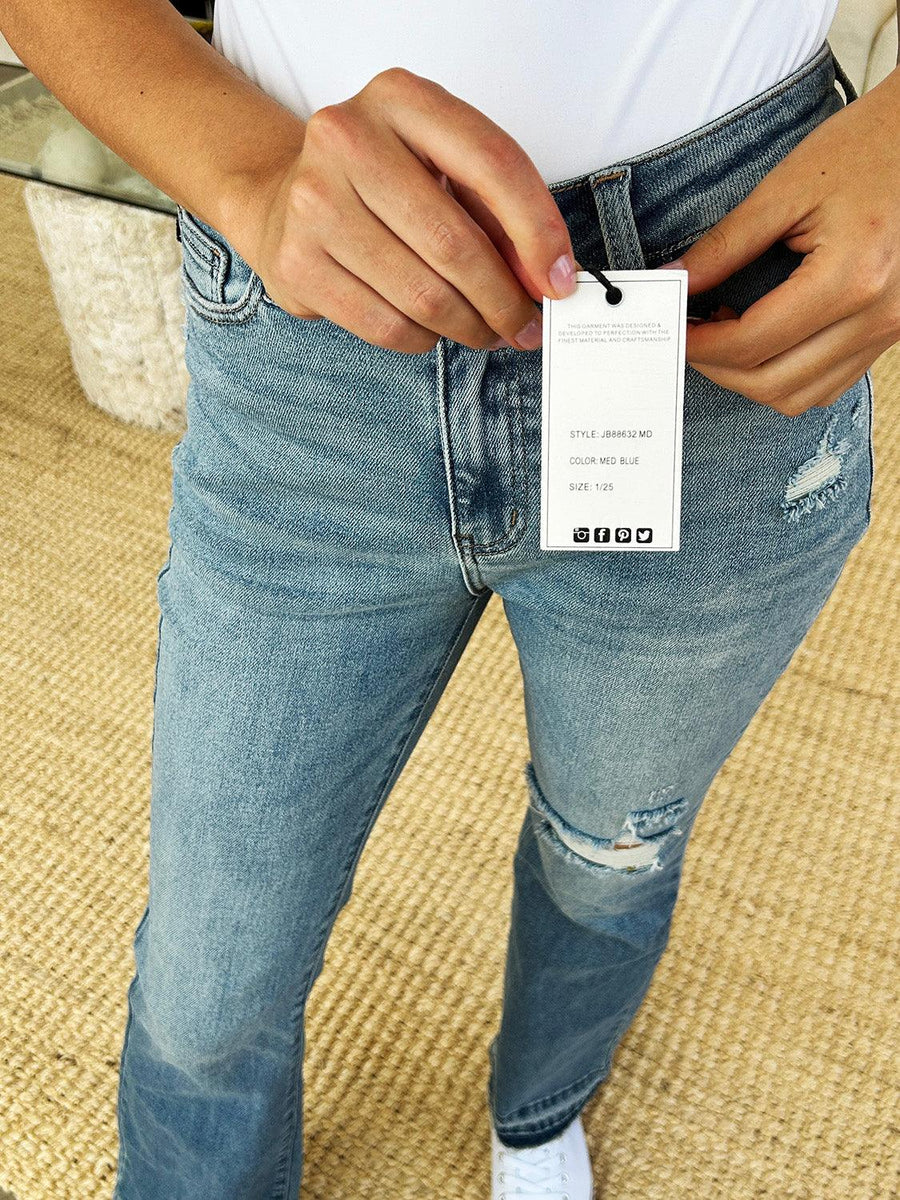 Judy Blue Full Size Mid Rise Destroyed Hem Distressed Jeans - Three Mad Hatters Mercantile 