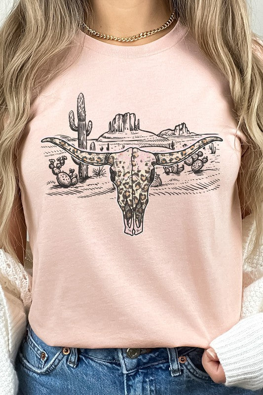 Longhorn Skull Western Desert Scene Graphic Tee Womens Graphic T-shirt Heather Peach S 