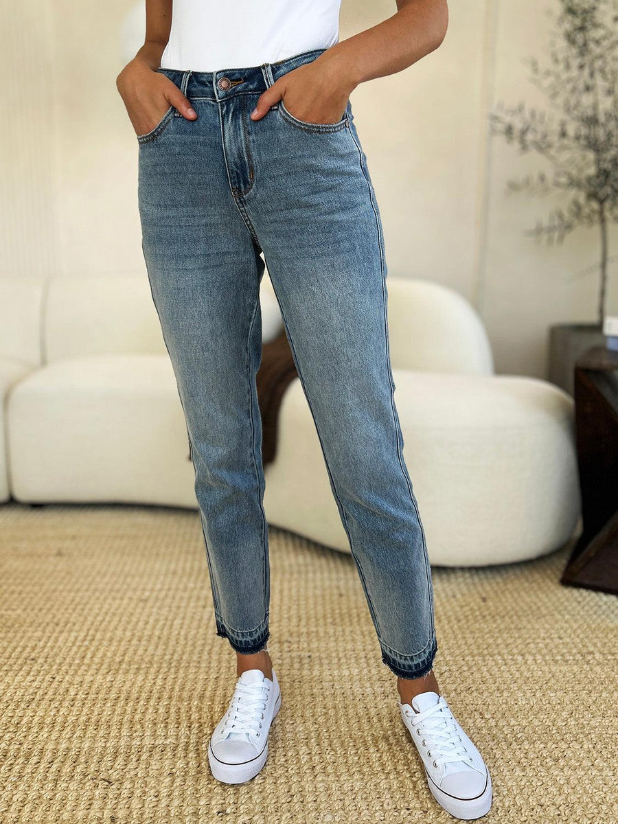 Judy Blue Mid Rise Rigid Magic Release Hem Jeans - Three Mad Hatters Mercantile 