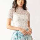 Davi & Dani Floral Mesh Mock Neck Short Sleeve Top