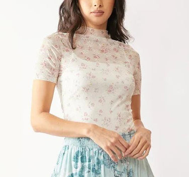 Davi & Dani Floral Mesh Mock Neck Short Sleeve Top