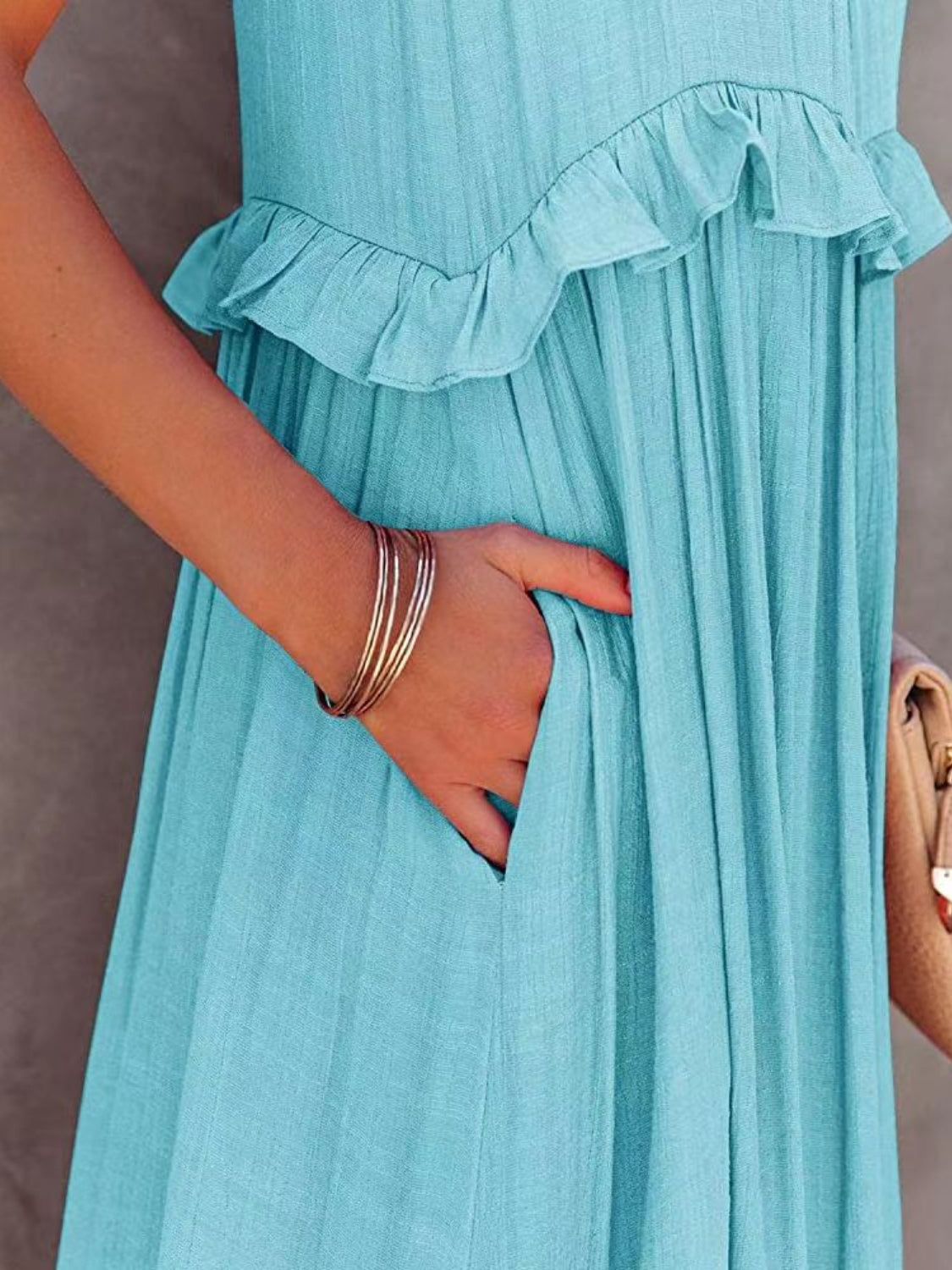 Ruffled Sleeveless Tiered Maxi Dress with Pockets    