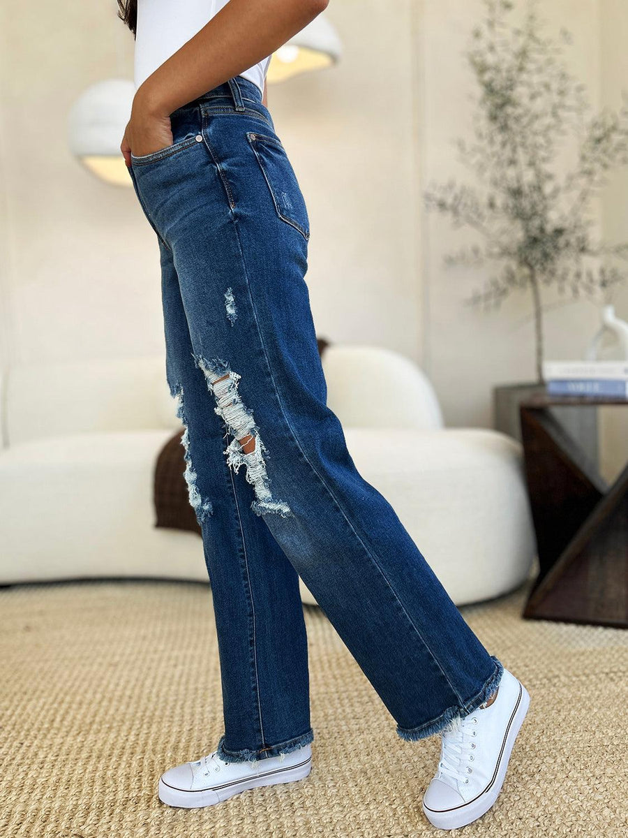 Judy Blue Full Size Mid Rise Distressed Raw Hem Jeans - Three Mad Hatters Mercantile 
