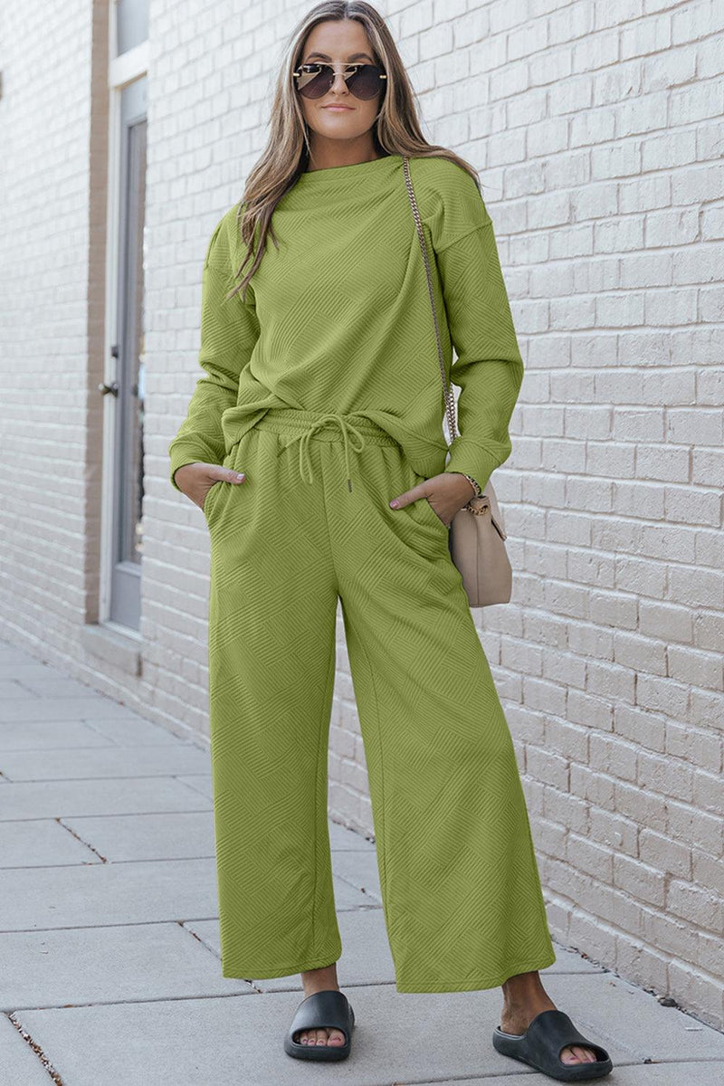 Double Take Full Size Textured Long Sleeve Top and Drawstring Pants Set - Three Mad Hatters Mercantile 