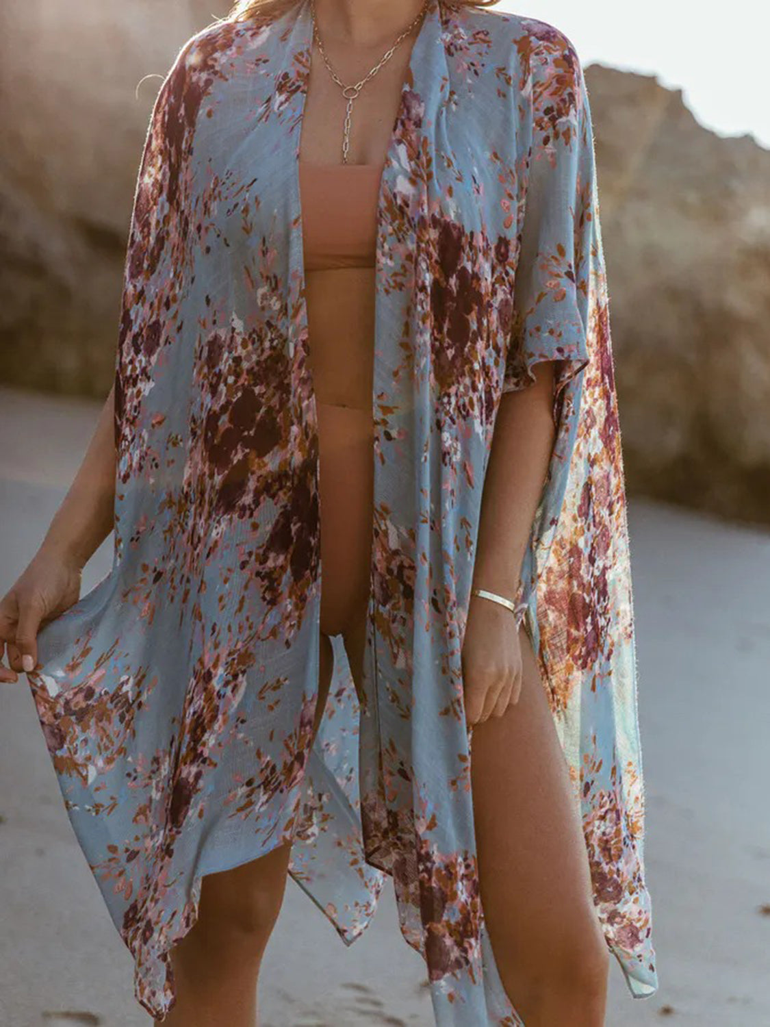 Printed Open Front Cover-Up  Light Blue One Size 