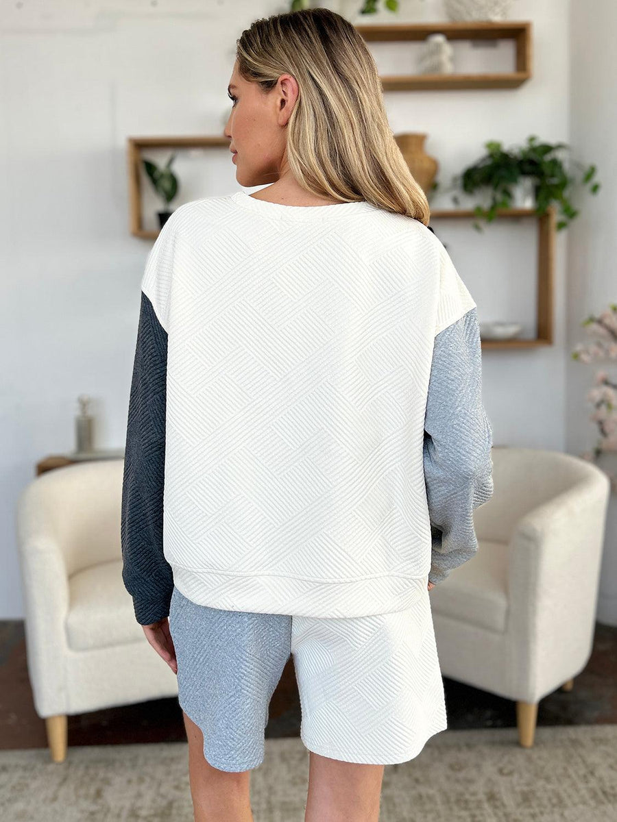 Double Take Contrast Drop Shoulder Top and Shorts Set - Three Mad Hatters Mercantile 