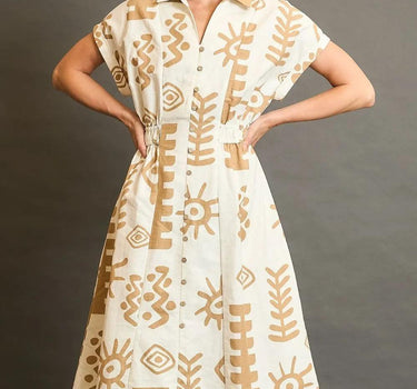 Umgee Abstract Print Elastic Waist Midi Dress Plus Size