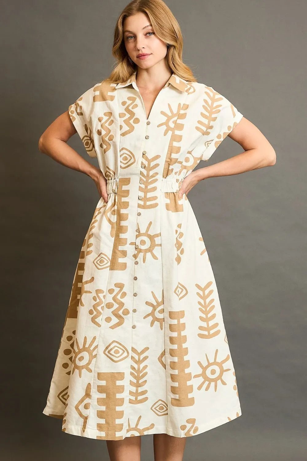Umgee Abstract Print Elastic Waist Midi Dress Plus Size Womens Midi Dress Tan S