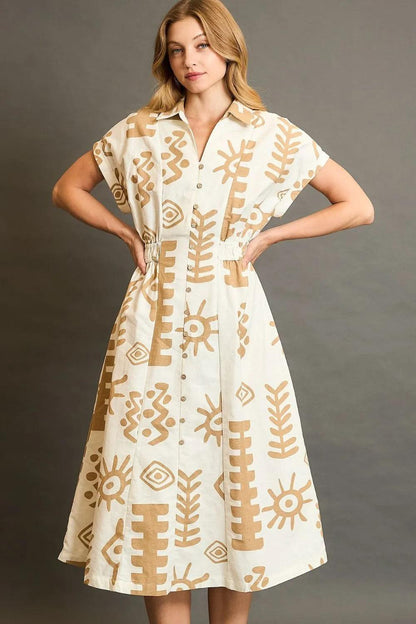 Umgee Abstract Print Elastic Waist Midi Dress Plus Size - Three Mad Hatters Mercantile 