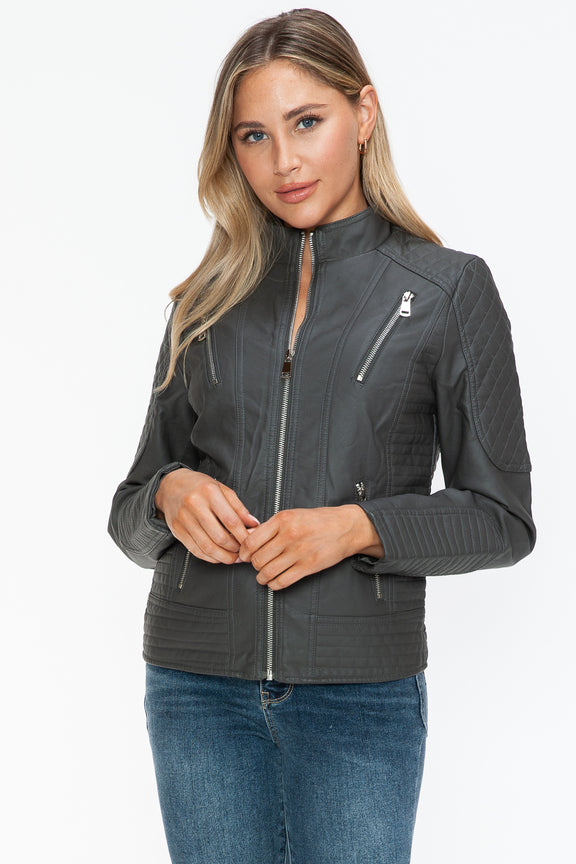 Snobbish Faux Leather Zip Up Mock Neck Jacket Womens Jacket