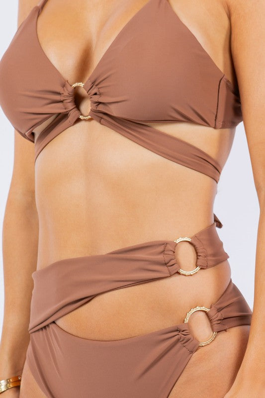 TWO PIECE WRAPPING WITH MULTI O RING BIKINI  Coffee S 