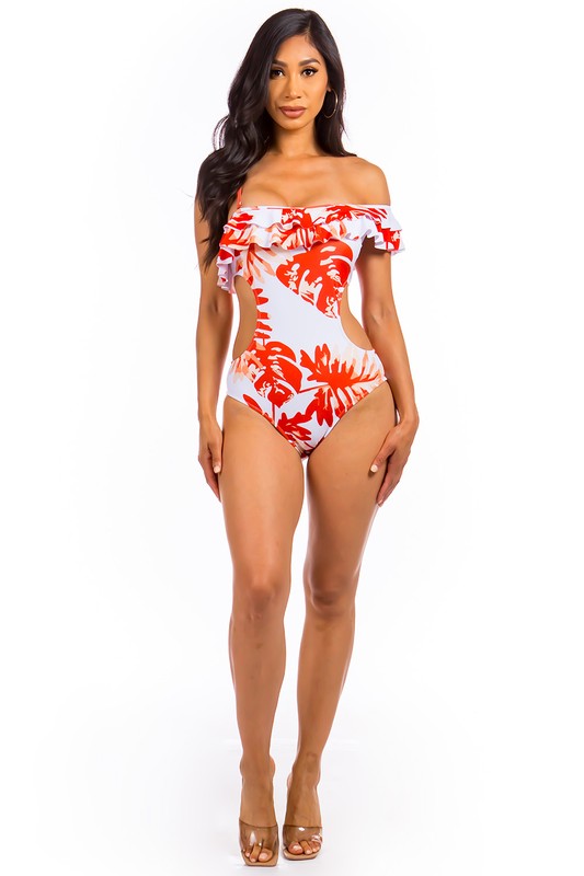 OPEN SIDED ONE PIECE BATHING SUIT WITH RUFFLED SHO    