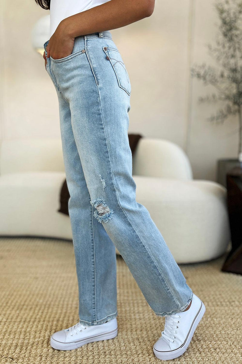 Judy Blue Full Size High Waist Distressed Straight Jeans - Three Mad Hatters Mercantile 