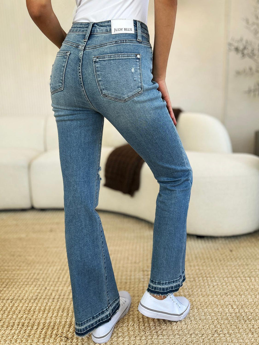 Judy Blue Full Size Mid Rise Destroyed Hem Distressed Jeans - Three Mad Hatters Mercantile 