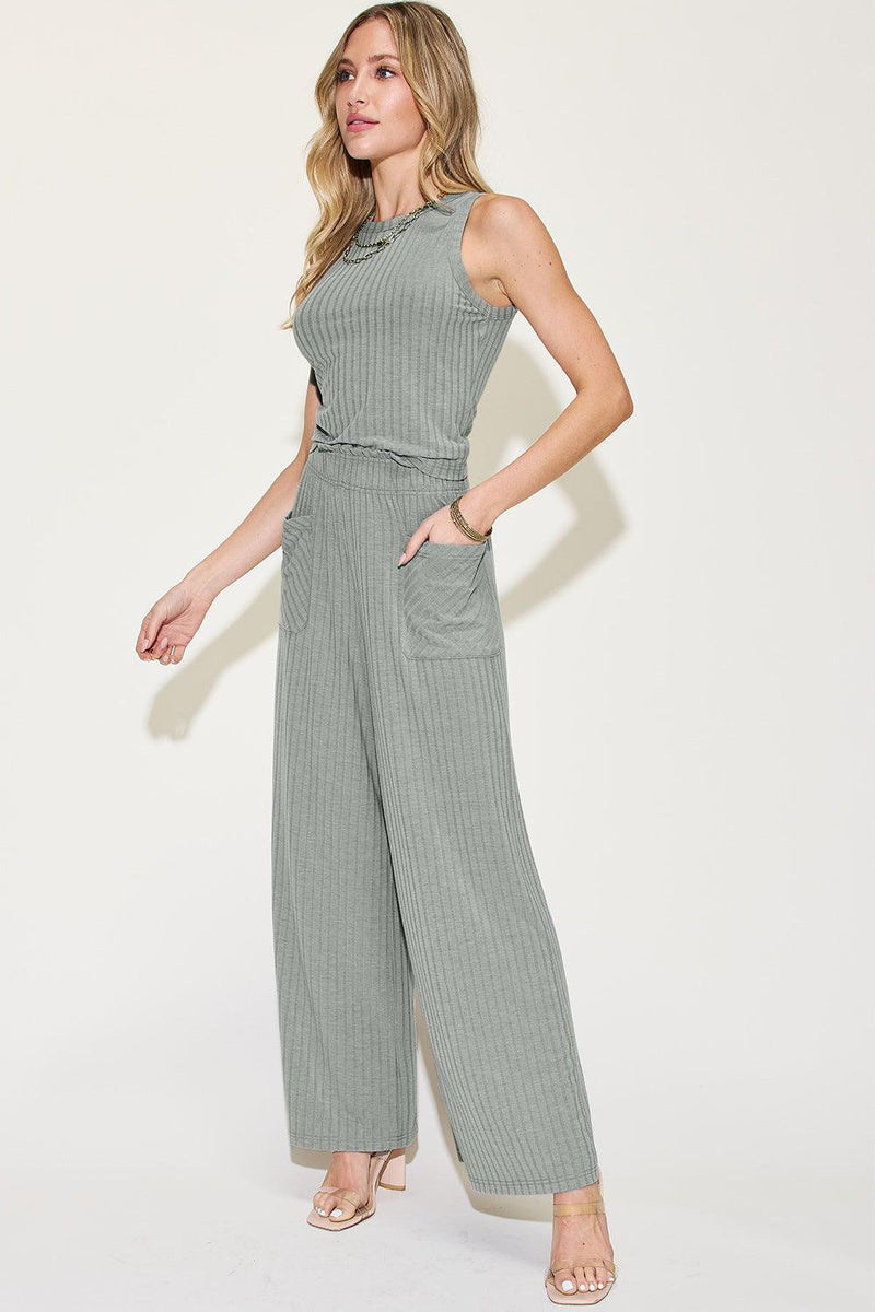 Basic Bae Full Size Ribbed Tank and Wide Leg Pants Set - Three Mad Hatters Mercantile 