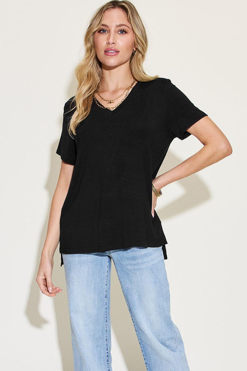 Basic Bae Full Size V-Neck High-Low T-Shirt - Three Mad Hatters Mercantile 