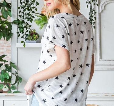 Heimish Full Size Star Print Short Sleeve V-Neck Waffle Knit T-Shirt