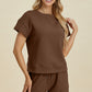 Double Take Full Size Texture Short Sleeve Top and Shorts Set Womens Tops Brown S 