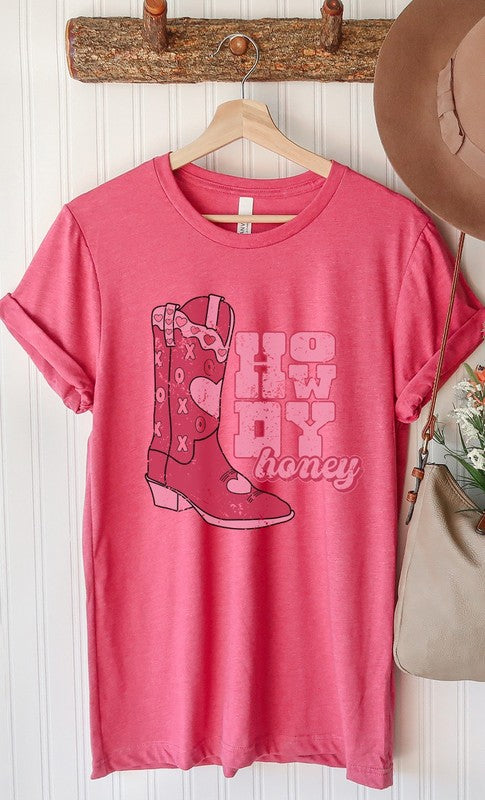 Howdy Honey XOXO Boots Valentines Graphic Tee Womens Graphic T-shirt Heather Berry S 