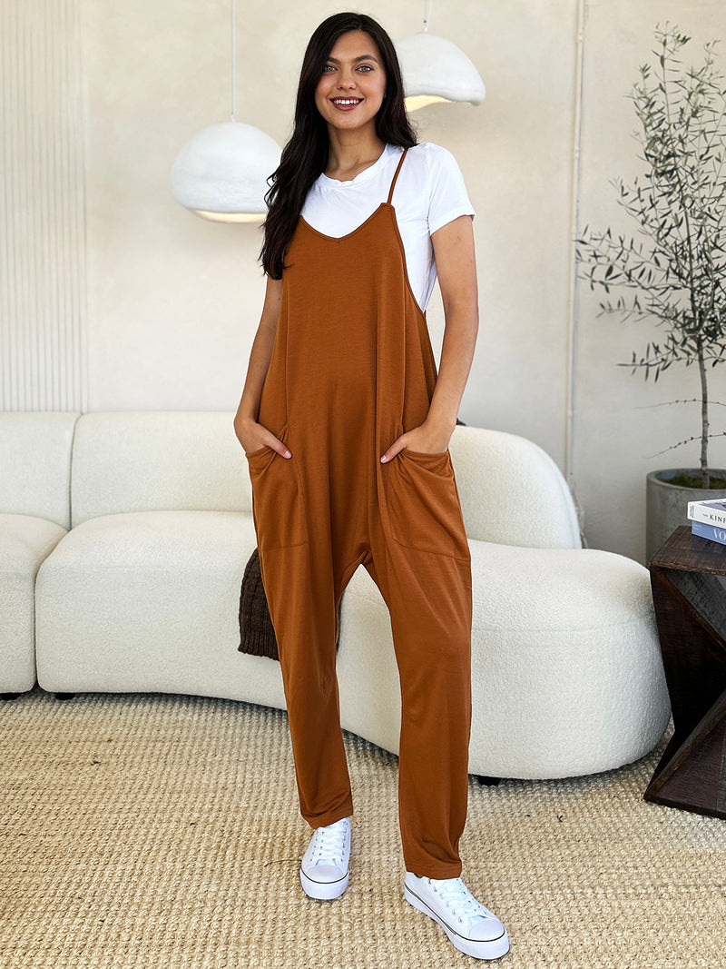 Double Take Full Size Sleeveless V-Neck Pocketed Jumpsuit Womens Overalls Caramel S 