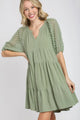 Umgee Linen Tiered A-Line Split Neck Dress Plus Size Womens Midi Dress Sage S