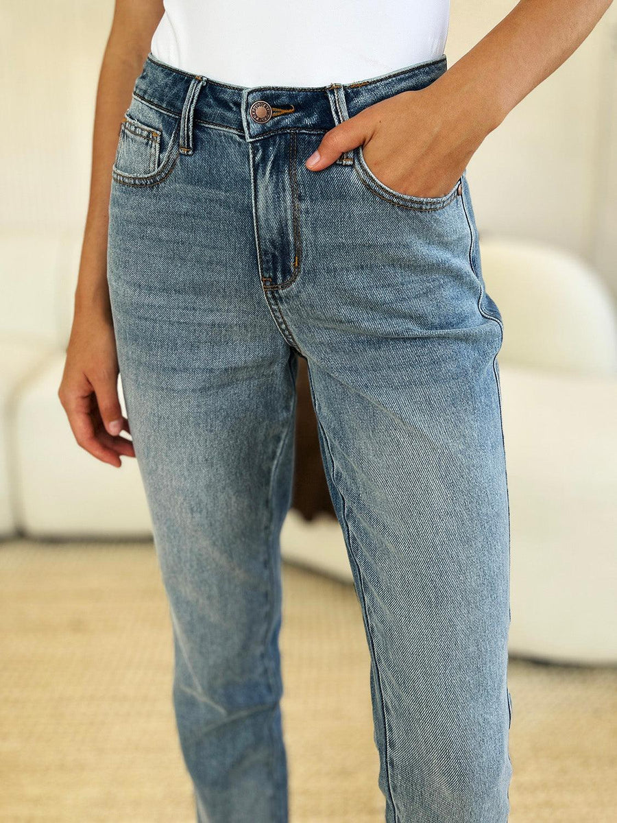 Judy Blue Mid Rise Rigid Magic Release Hem Jeans - Three Mad Hatters Mercantile 