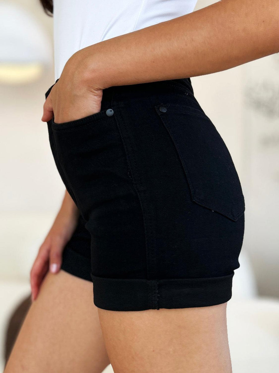 Judy Blue Full Size High Waist Tummy Control Cuffed Denim Shorts - Three Mad Hatters Mercantile 