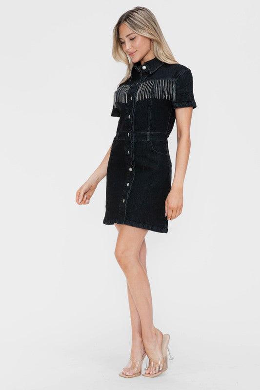 Bytos Embellished Button Down Short Sleeve Denim Dress - Three Mad Hatters Mercantile 