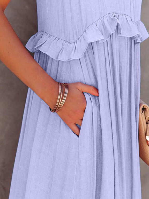 Ruffled Sleeveless Tiered Maxi Dress with Pockets    