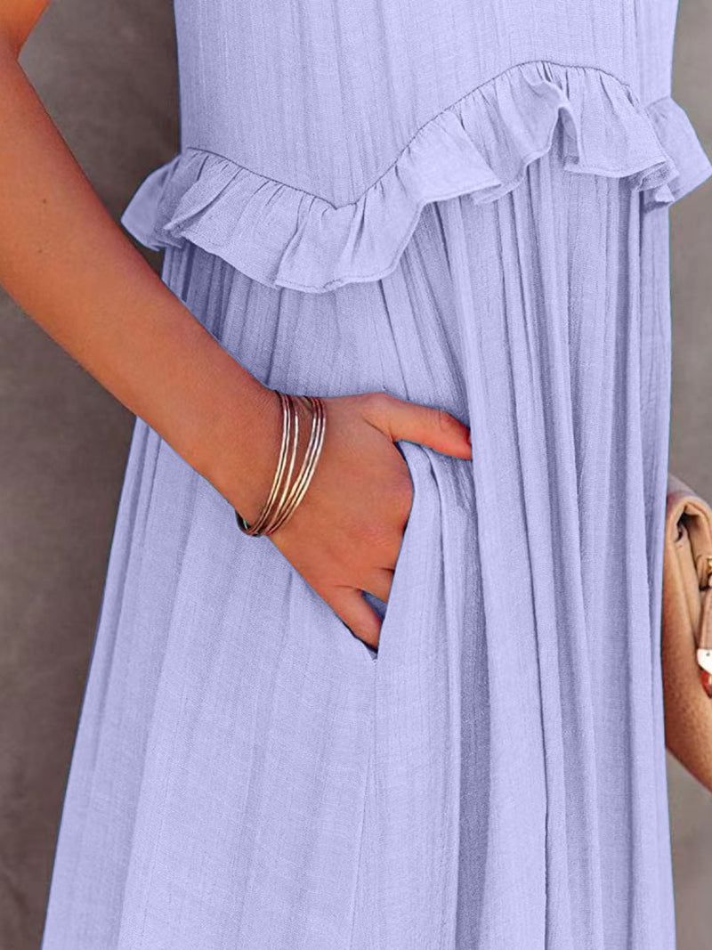 Ruffled Sleeveless Tiered Maxi Dress with Pockets    