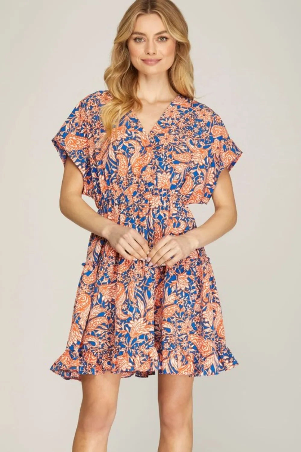 She + Sky Ruffled Hem Printed Surplice Kimono Sleeve Mini Dress Plus Size Womens Mini Dress Royal Blue S