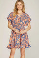 She + Sky Ruffled Hem Printed Surplice Kimono Sleeve Mini Dress Plus Size Womens Mini Dress Royal Blue S