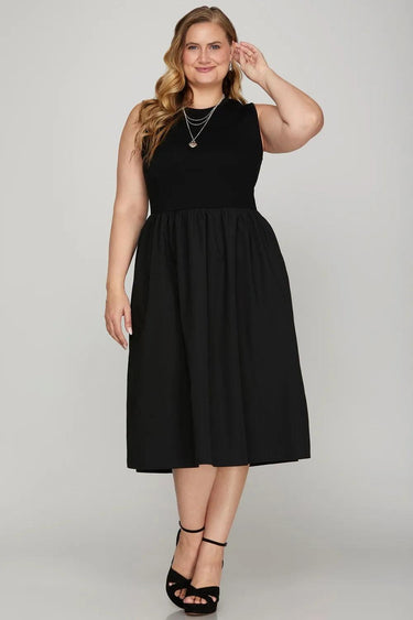 She + Sky Full Size Sleeveless Poplin Woven Midi Dress with Pockets Plus Size