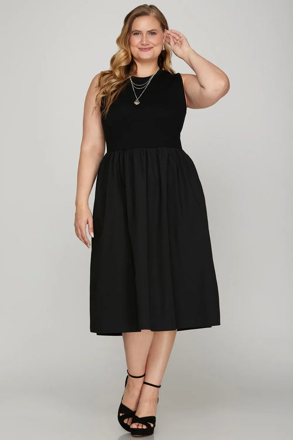 She + Sky Full Size Sleeveless Poplin Woven Midi Dress with Pockets Plus Size Womens Midi Dress