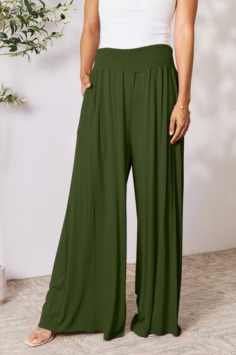 Double Take Full Size Smocked Wide Waistband Wide Leg Pants Womens Lounge Pants Army Green S 