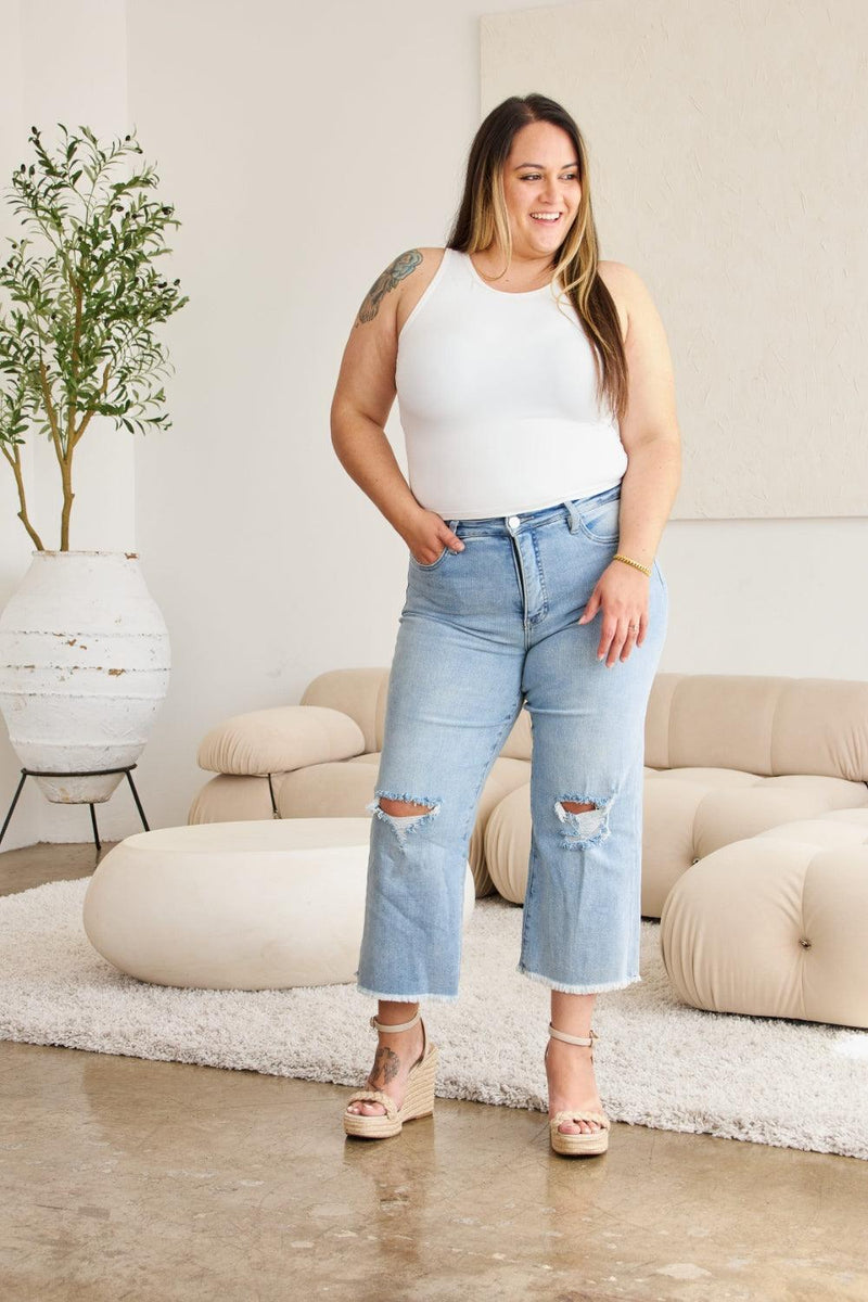 RFM Tummy Control High Waist Raw Hem Distressed Jeans - Three Mad Hatters Mercantile 
