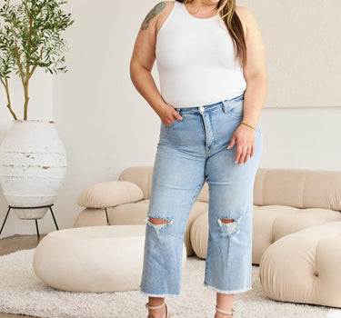 RFM Tummy Control High Waist Raw Hem Distressed Jeans