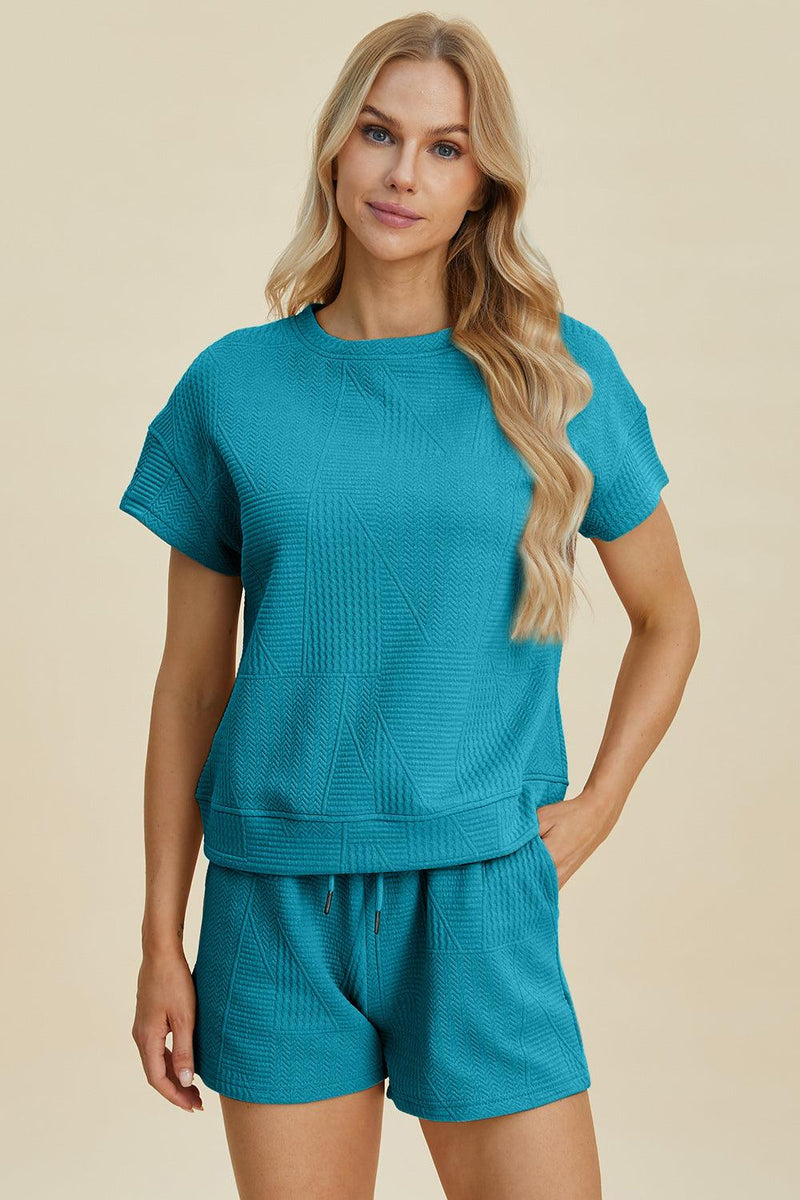 Double Take Full Size Texture Short Sleeve Top and Shorts Set - Three Mad Hatters Mercantile 