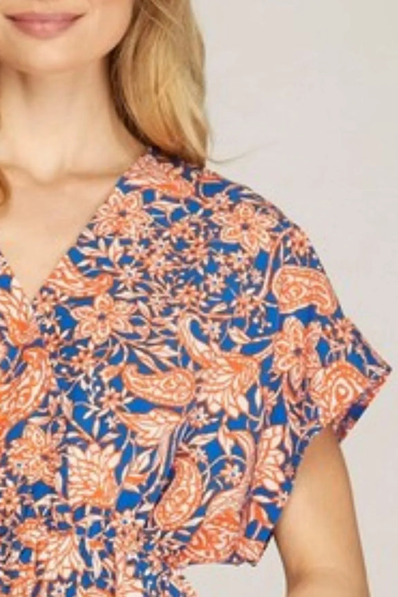 She + Sky Ruffled Hem Printed Surplice Kimono Sleeve Mini Dress Plus Size Womens Mini Dress