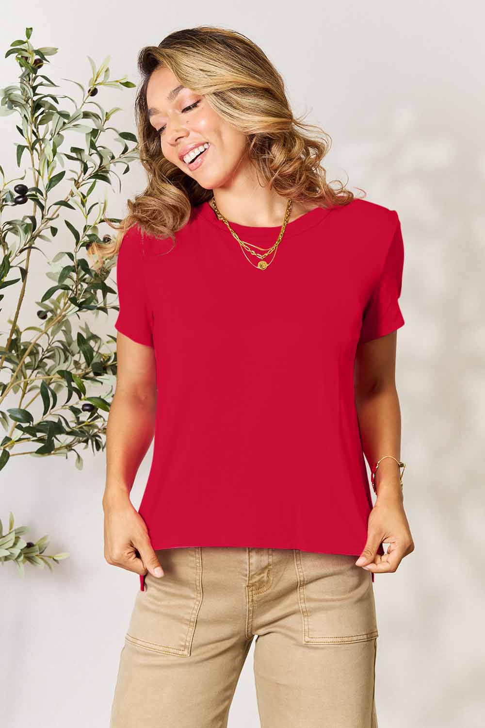 Basic Bae Full Size Round Neck Short Sleeve T-Shirt Womens T-shirt Red S 