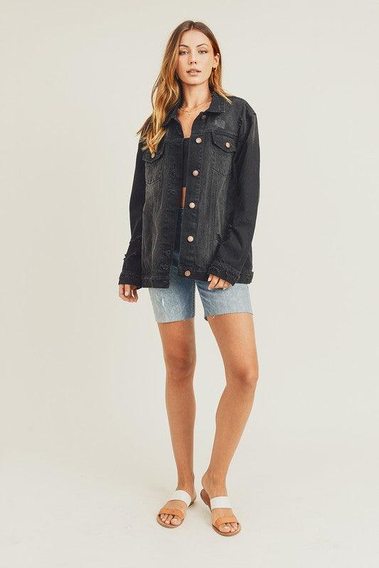 RISEN Distressed Long Sleeve Denim Jacket - Three Mad Hatters Mercantile 