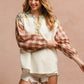 BiBi Floral Notched Plaid Balloon Sleeve Top Womens Long Sleeve Top