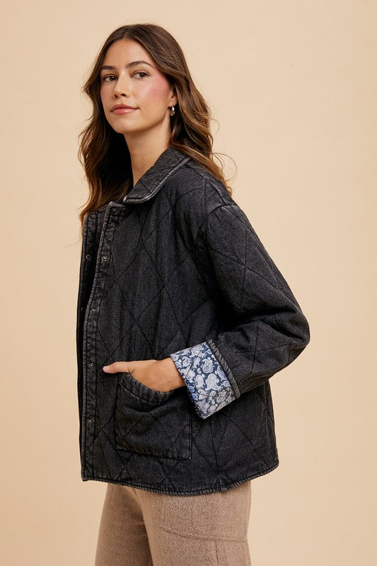 Annie Wear Quilted Printed Lining Snap Down Denim Jacket Quilted Printed Denim Jacket