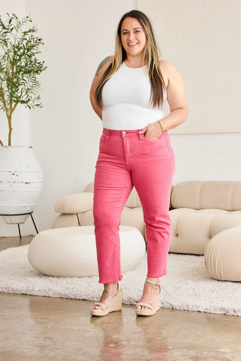 RFM Crop Dylan Tummy Control High Waist Raw Hem Jeans - Three Mad Hatters Mercantile 